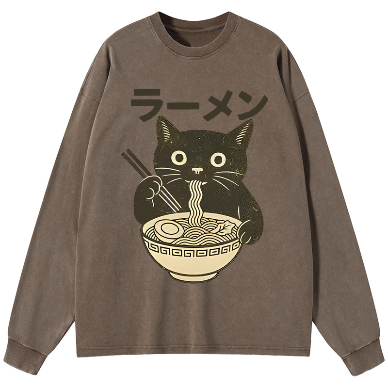 Tokyo-Tiger Simple Black Cat Eating Ramen Washed Long Sleeve T-Shirt