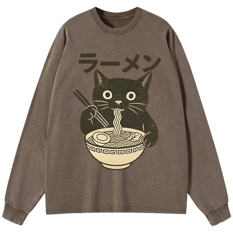Tokyo-Tiger Simple Black Cat Eating Ramen Washed Long Sleeve T-Shirt