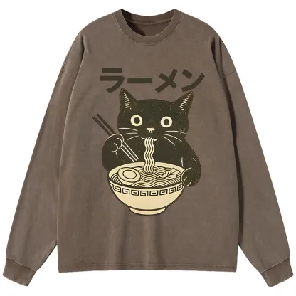 Tokyo-Tiger Simple Black Cat Eating Ramen Washed Long Sleeve T-Shirt