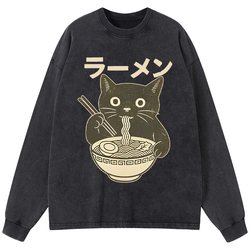 Tokyo-Tiger Simple Black Cat Eating Ramen Washed Long Sleeve T-Shirt