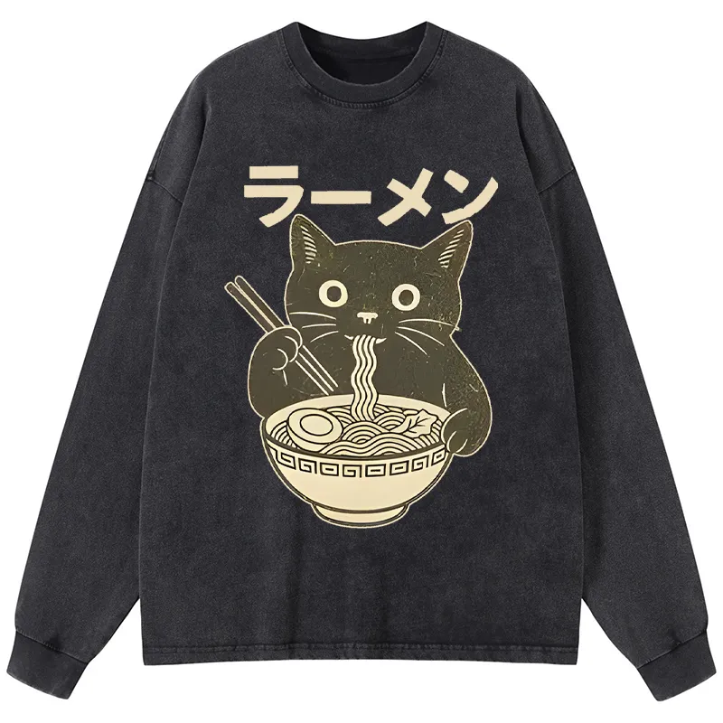 Tokyo-Tiger Simple Black Cat Eating Ramen Washed Long Sleeve T-Shirt
