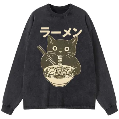 Tokyo-Tiger Simple Black Cat Eating Ramen Washed Long Sleeve T-Shirt