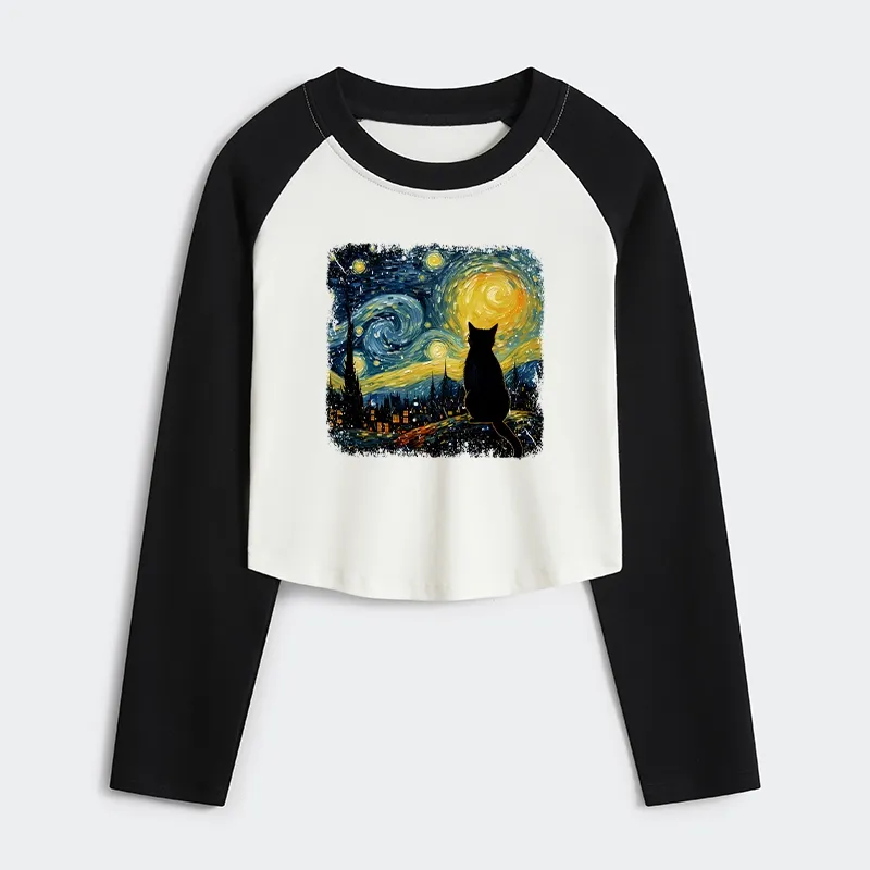 Tokyo-Tiger The Starry Night Cat Women's Crop Raglan T-Shirt