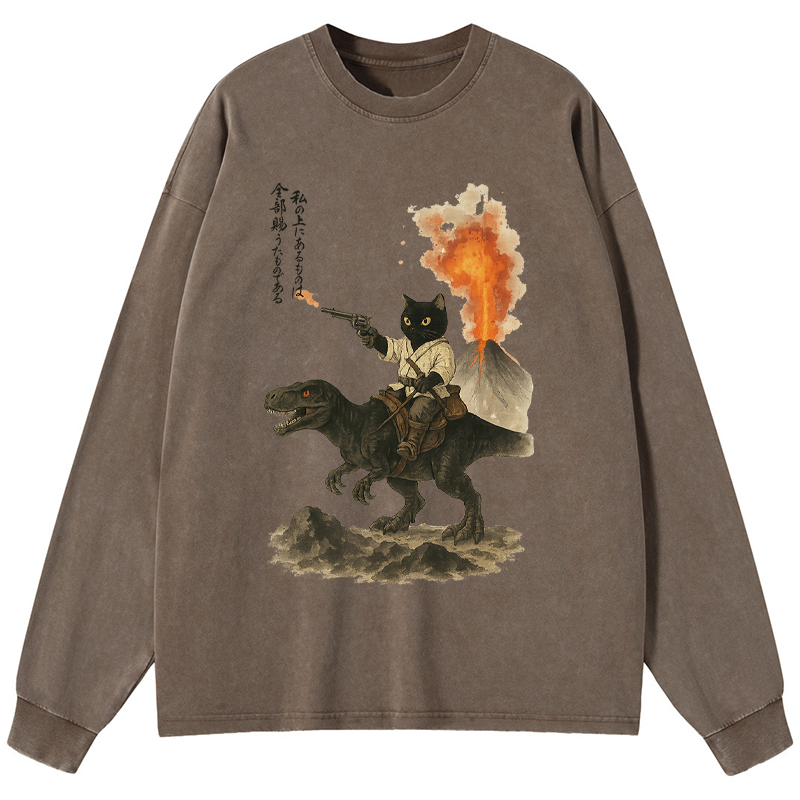 Tokyo-Tiger Cat Riding A Dinosaur Washed Long Sleeve T-Shirt