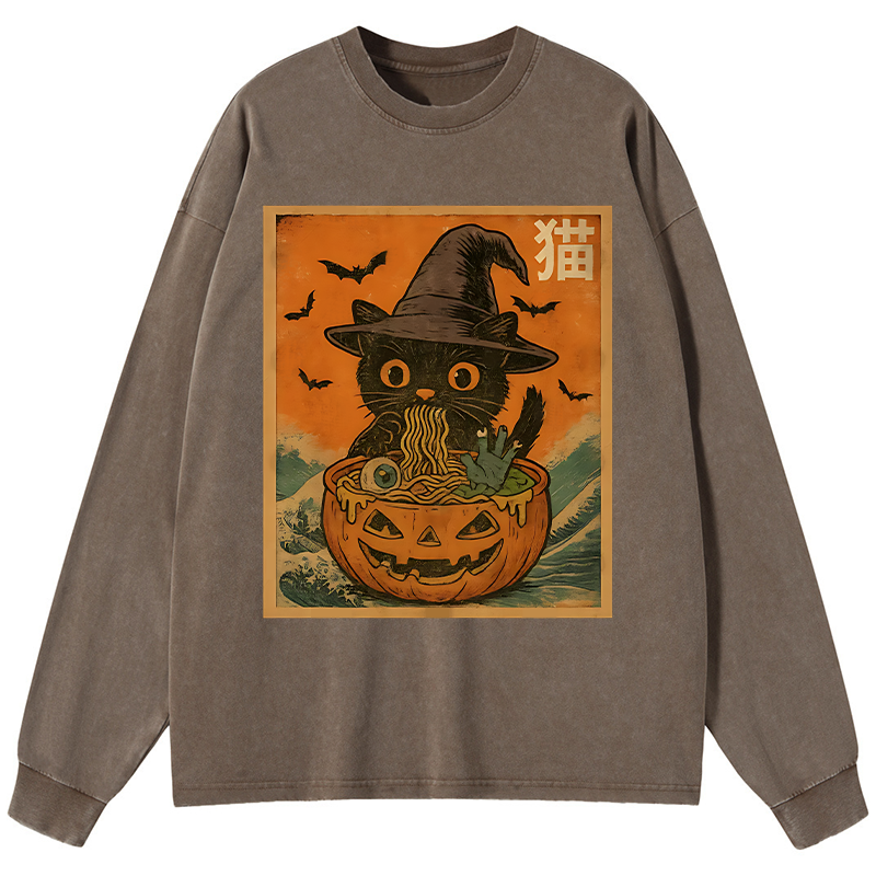 Tokyo-Tiger Halloween Cat Eating Ramen Washed Long Sleeve T-Shirt
