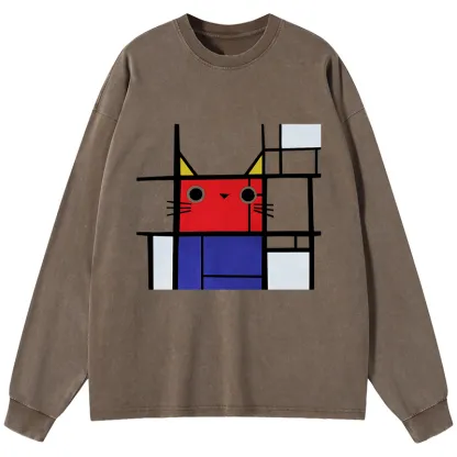 Tokyo-Tiger Abstract Art Cat Washed Long Sleeve T-Shirt