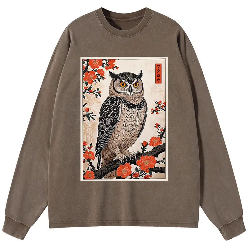 Tokyo-Tiger Vintage Japanese Owl Washed Long Sleeve T-Shirt