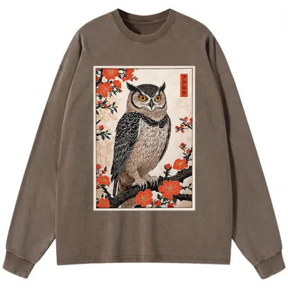 Tokyo-Tiger Vintage Japanese Owl Washed Long Sleeve T-Shirt
