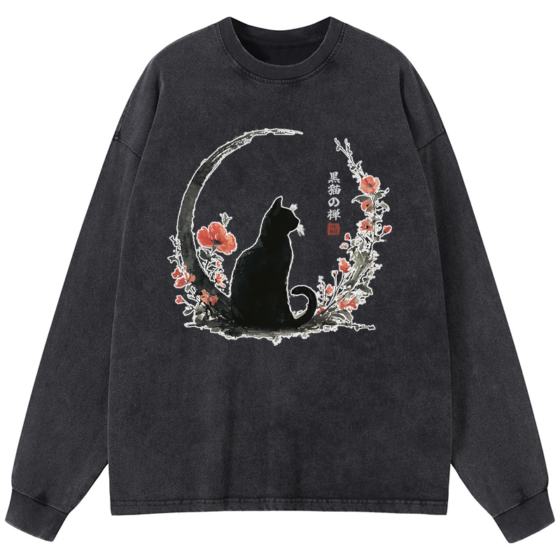 Tokyo-Tiger Black Cat And Flowers Washed Long Sleeve T-Shirt