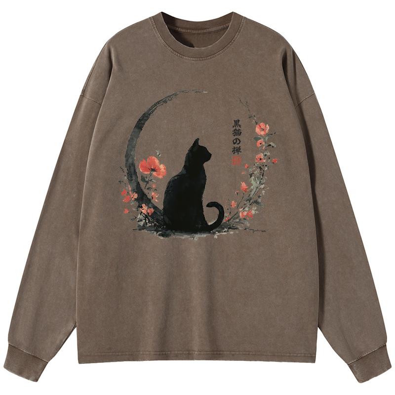 Tokyo-Tiger Black Cat And Flowers Washed Long Sleeve T-Shirt
