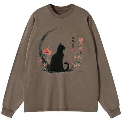 Tokyo-Tiger Black Cat And Flowers Washed Long Sleeve T-Shirt