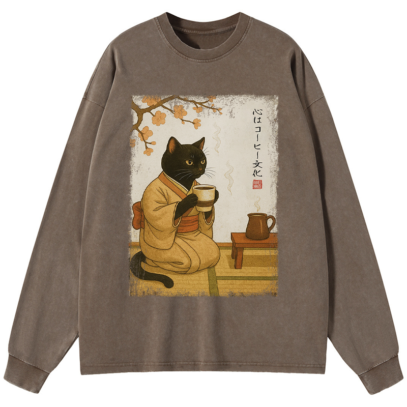 Tokyo-Tiger Cat Heart Full Of Coffee Washed Long Sleeve T-Shirt