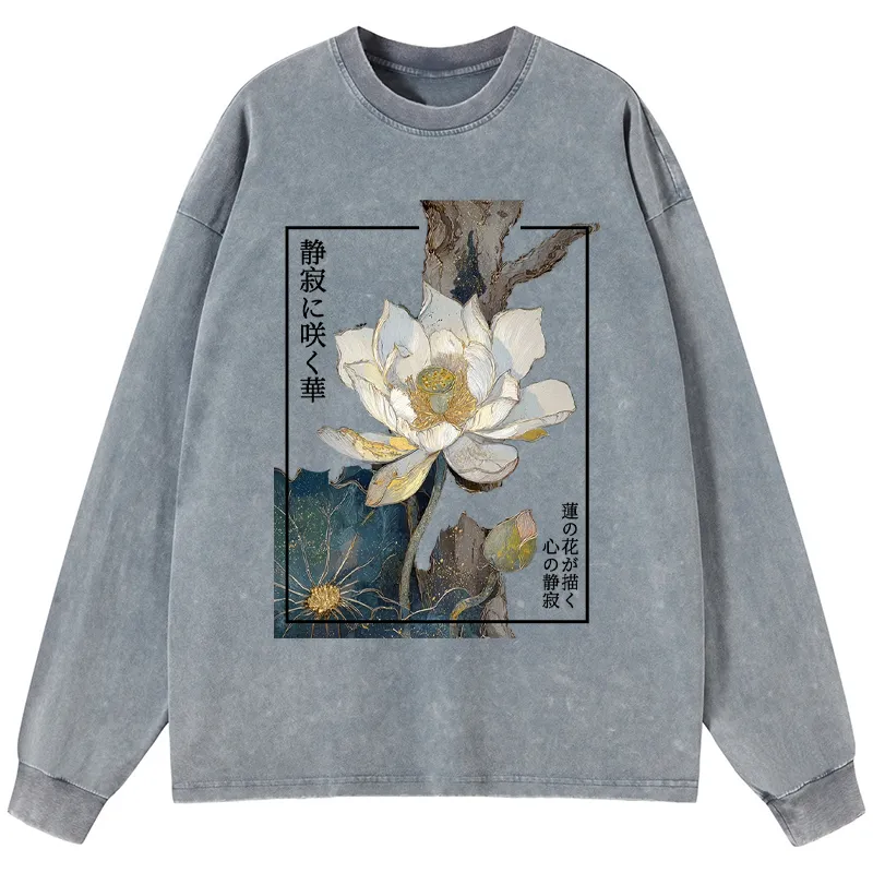 Tokyo-Tiger Blooming Lotus Japan Washed Long Sleeve T-Shirt