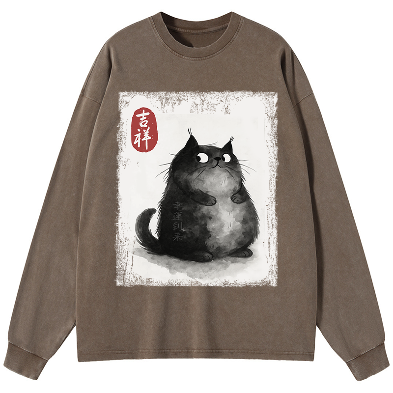Tokyo-Tiger Auspicious Fluffy Black Cat Ink Painting Washed Long Sleeve T-Shirt