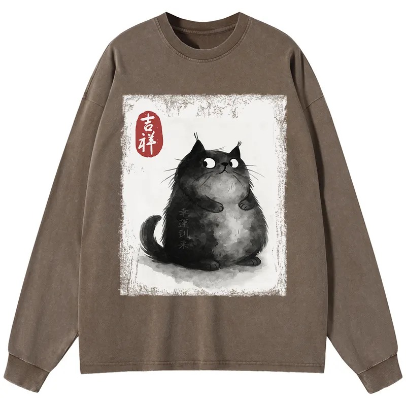 Tokyo-Tiger Auspicious Fluffy Black Cat Ink Painting Washed Long Sleeve T-Shirt