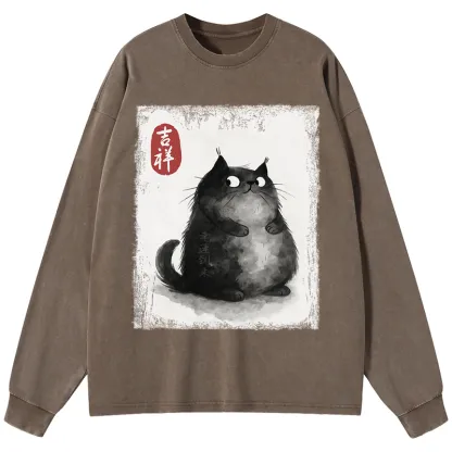 Tokyo-Tiger Auspicious Fluffy Black Cat Ink Painting Washed Long Sleeve T-Shirt