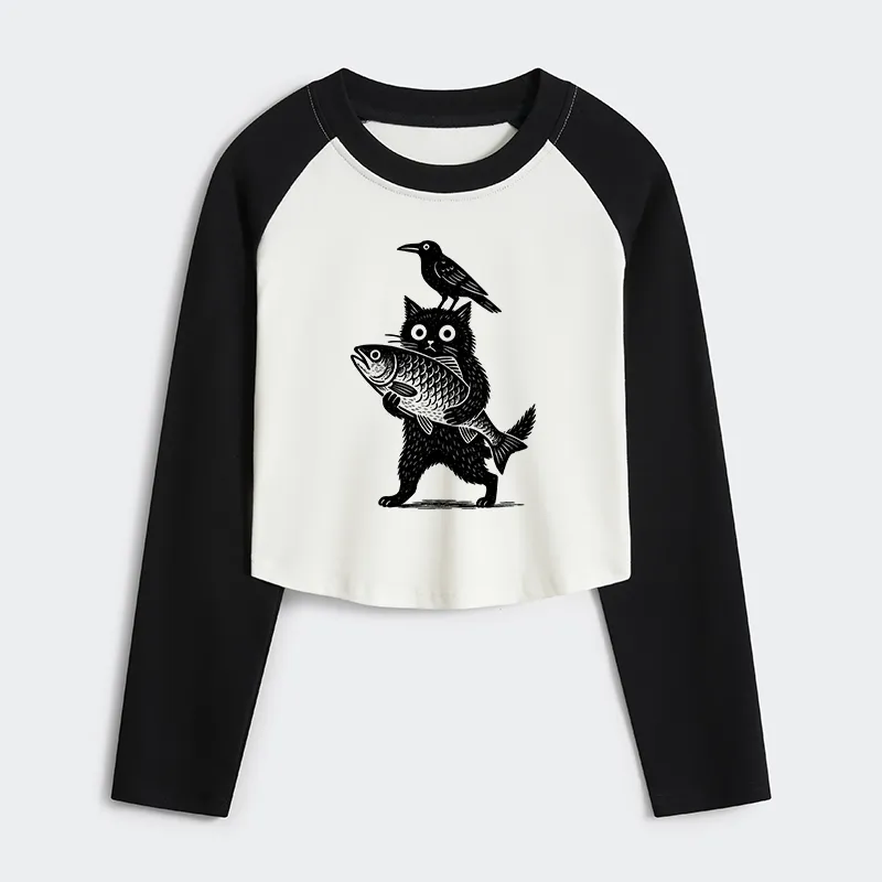 Tokyo-Tiger Black Animals Funny Women's Crop Raglan T-Shirt
