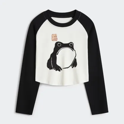 Tokyo-Tiger Matsumoto Hoji Woodblock Print Frog Women's Crop Raglan T-Shirt