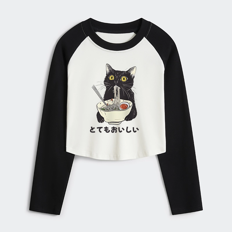 Tokyo-Tiger Cats Eat Ramen Women's Crop Raglan T-Shirt