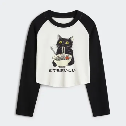 Tokyo-Tiger Cats Eat Ramen Women's Crop Raglan T-Shirt