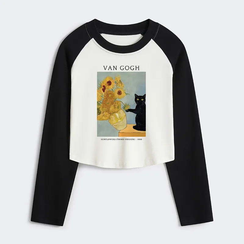 Tokyo-Tiger Black Cat With Sunflowers Women's Crop Raglan T-Shirt