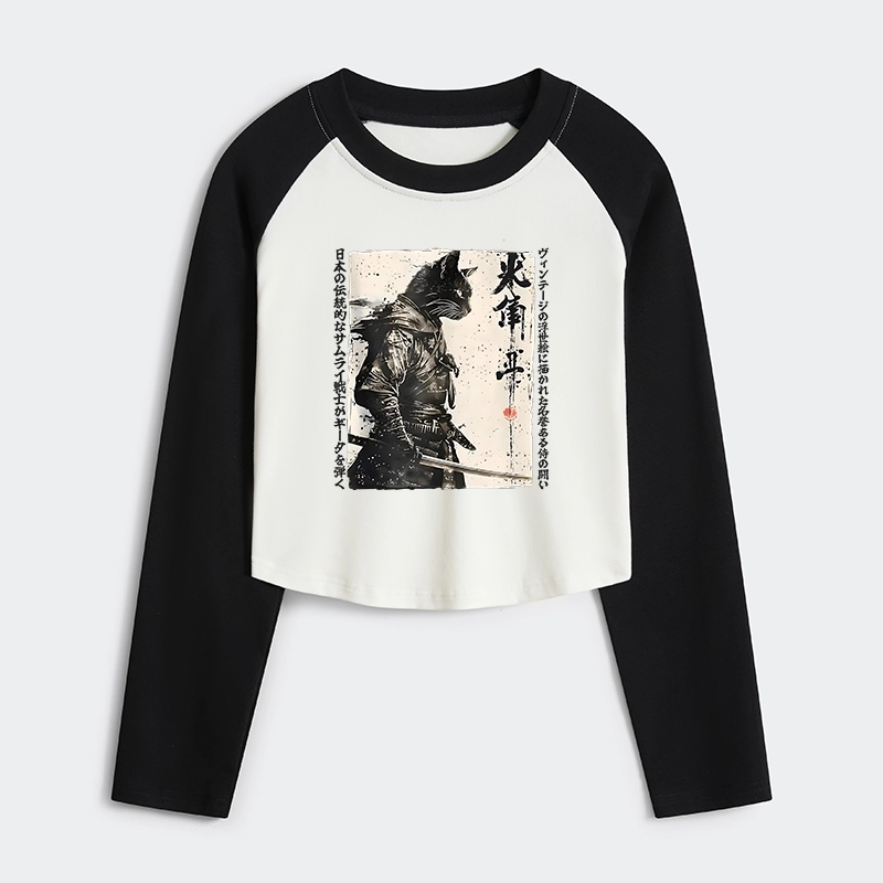 Tokyo-Tiger Cat Samurai Retro Women's Crop Raglan T-Shirt
