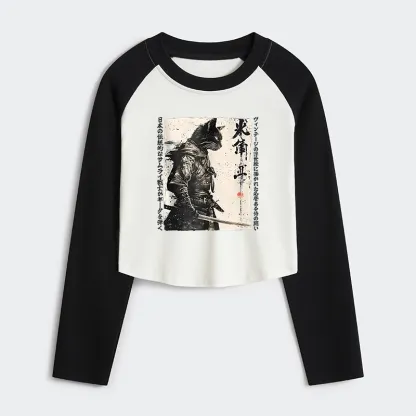Tokyo-Tiger Cat Samurai Retro Women's Crop Raglan T-Shirt