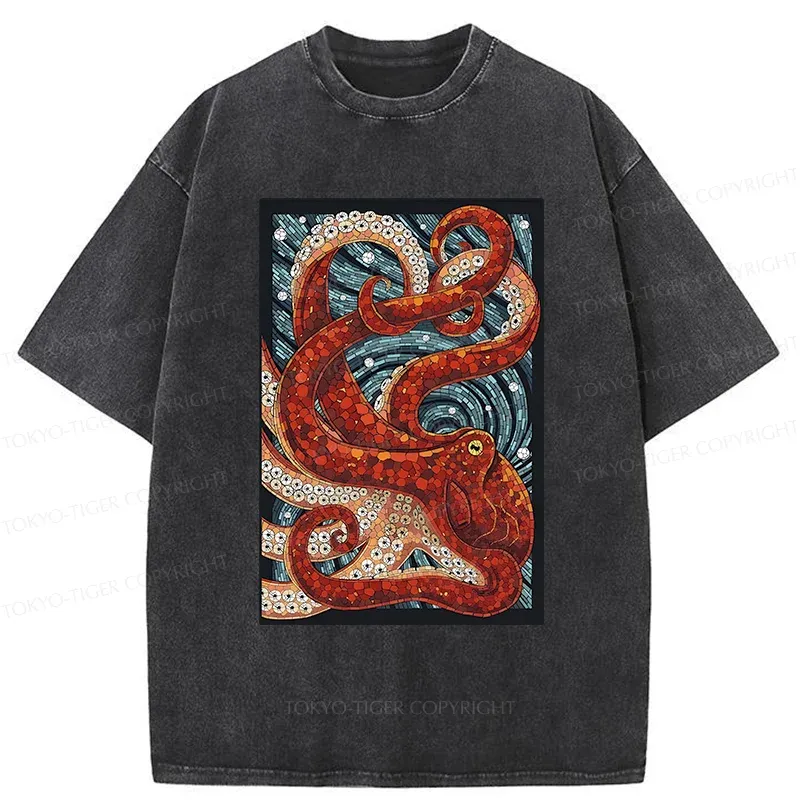 Tokyo-Tiger Colorful Octopus Washed T-Shirt Sale