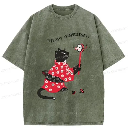 Tokyo-Tiger Birthday Cat Washed T-Shirt