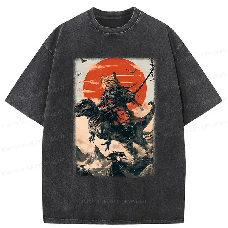 Tokyo-Tiger Brave Cat Samurai Washed T-Shirt