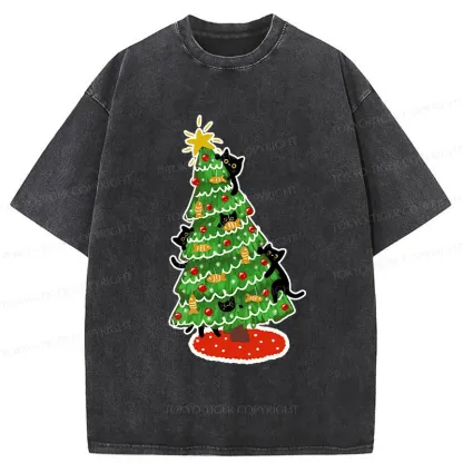 Tokyo-Tiger Christmas Tree Full Of Black Cats Washed T-Shirt