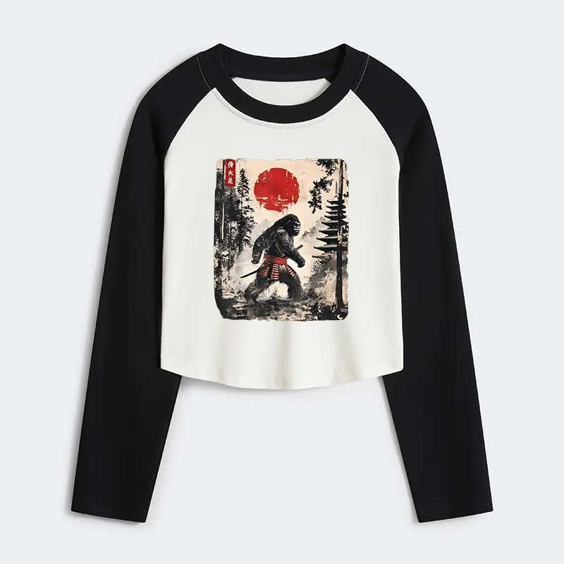 Tokyo-Tiger Japanese Samurai Bigfoot Women's Crop Raglan T-Shirt