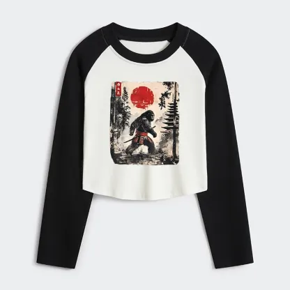 Tokyo-Tiger Japanese Samurai Bigfoot Women's Crop Raglan T-Shirt