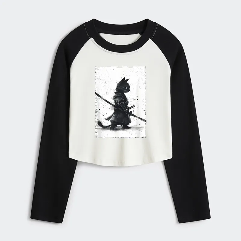 Tokyo-Tiger Retro Cat Samurai Japanese Women's Crop Raglan T-Shirt