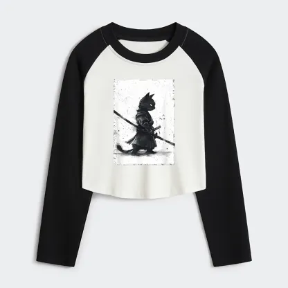 Tokyo-Tiger Retro Cat Samurai Japanese Women's Crop Raglan T-Shirt