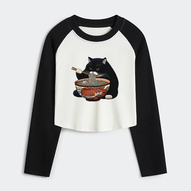 Tokyo-Tiger Fat Cat Eating Ramen Women's Crop Raglan T-Shirt