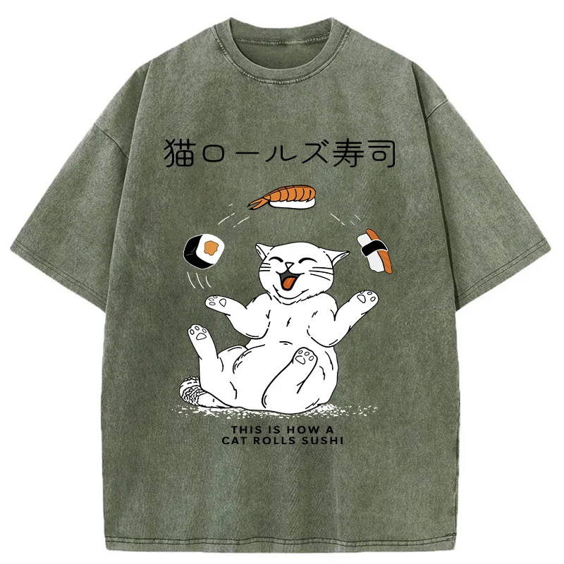 Tokyo-Tiger Funny Cat Rolls Sushi Washed T-Shirt