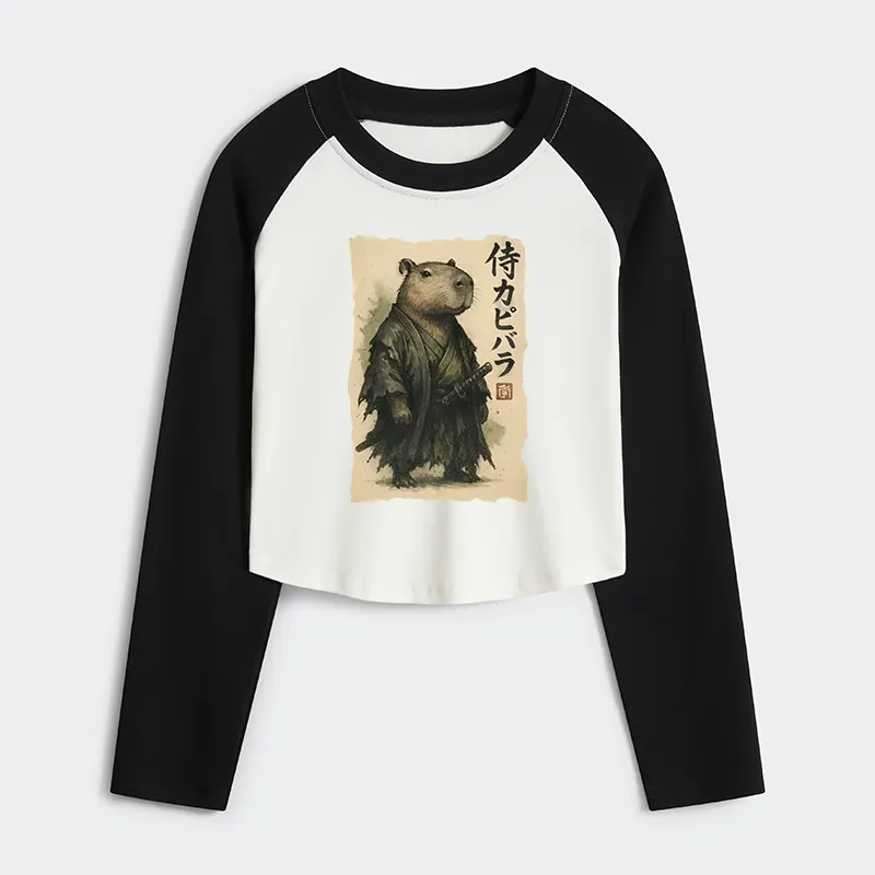 Tokyo-Tiger Capybara Samurai Women's Crop Raglan T-Shirt