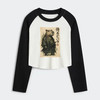 Tokyo-Tiger Capybara Samurai Women's Crop Raglan T-Shirt