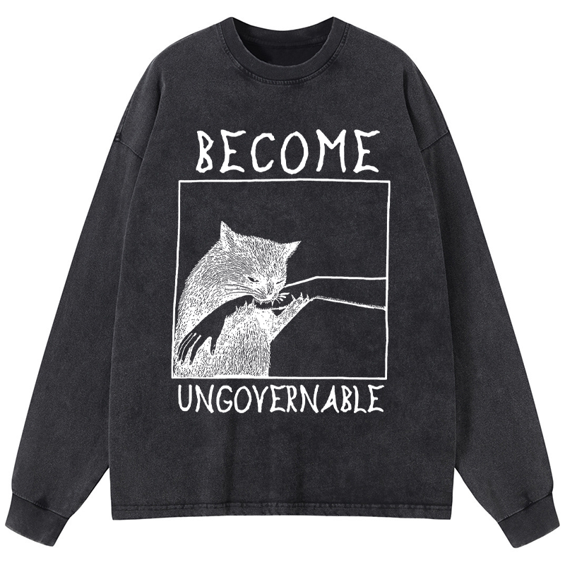 Tokyo-Tiger Cat Biting Arm Washed Long Sleeve T-Shirt