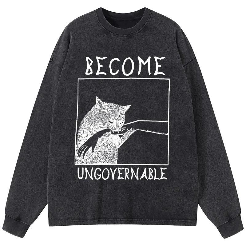 Tokyo-Tiger Cat Biting Arm Washed Long Sleeve T-Shirt