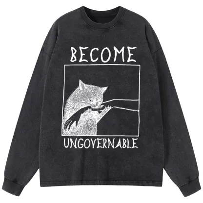 Tokyo-Tiger Cat Biting Arm Washed Long Sleeve T-Shirt