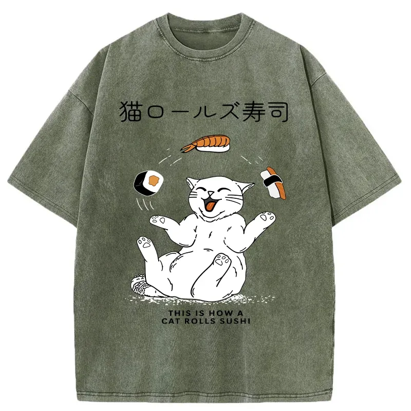 Tokyo-Tiger Funny Cat Rolls Sushi Washed T-Shirt