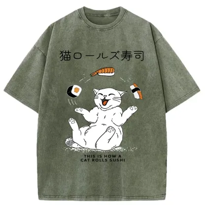 Tokyo-Tiger Funny Cat Rolls Sushi Washed T-Shirt