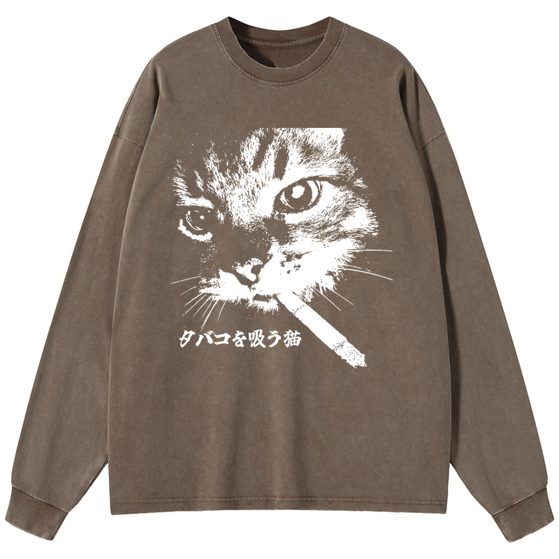 Tokyo-Tiger Retro Cat Smoking Washed Long Sleeve T-Shirt