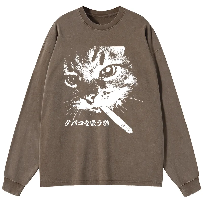 Tokyo-Tiger Retro Cat Smoking Washed Long Sleeve T-Shirt