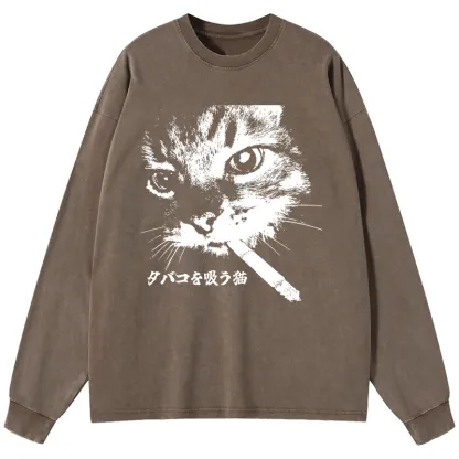 Tokyo-Tiger Retro Cat Smoking Washed Long Sleeve T-Shirt