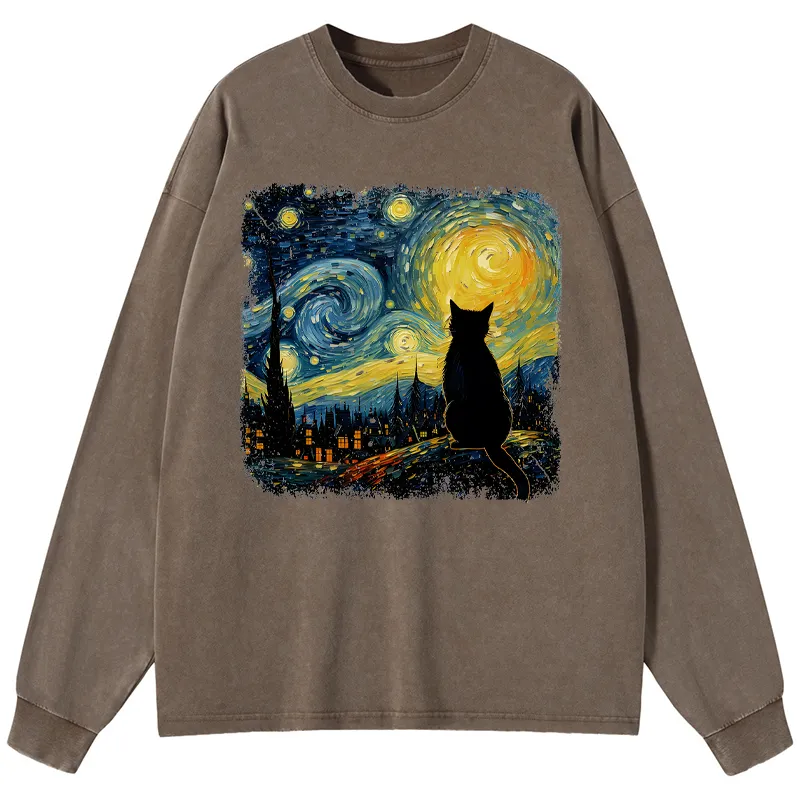 Tokyo-Tiger The Starry Night Cat Washed Long Sleeve T-Shirt