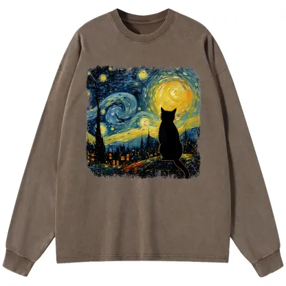 Tokyo-Tiger The Starry Night Cat Washed Long Sleeve T-Shirt