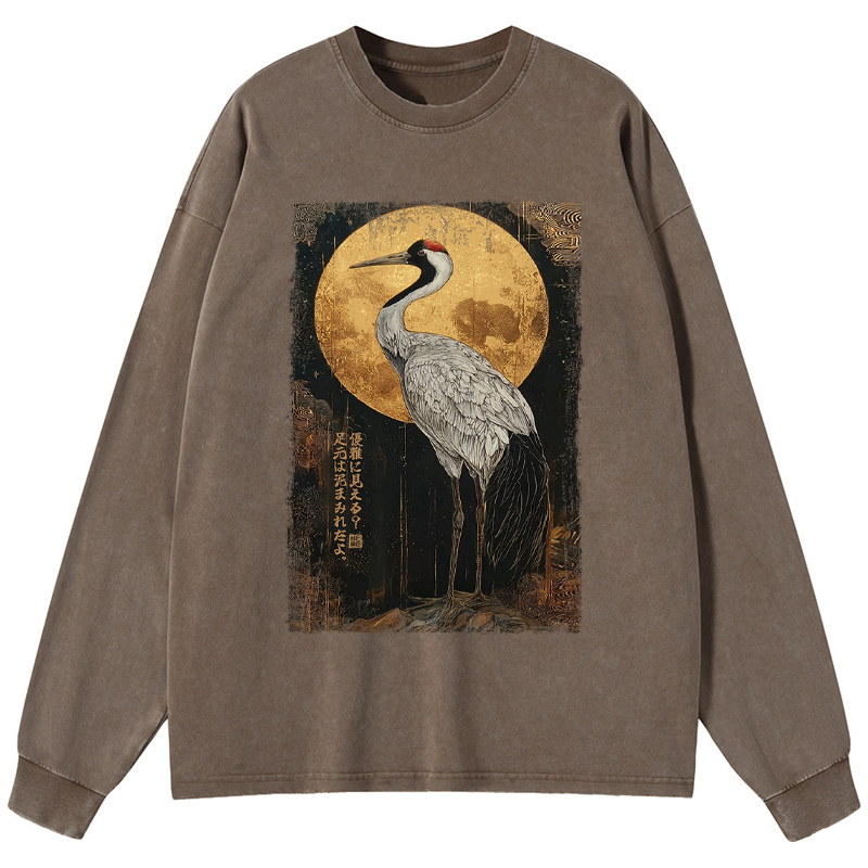 Tokyo-Tiger Vintage Japanese Crane Kanji Washed Long Sleeve T-Shirt